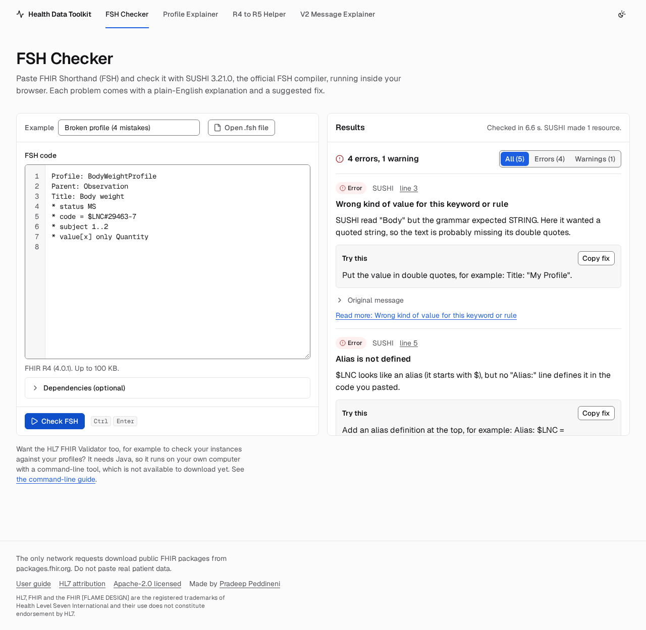The FSH Checker showing SUSHI errors with plain-English explanations