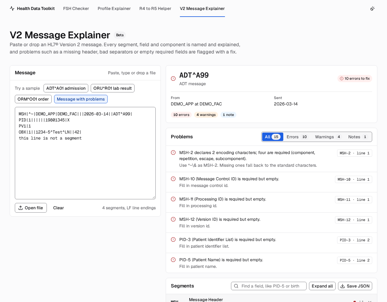 The V2 Message Explainer showing a message with problems: a summary, a list of problems with fixes, and the explained segments